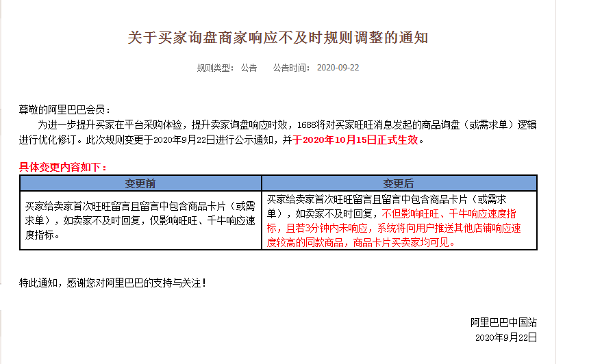 阿里1688平台询盘商家响应新规